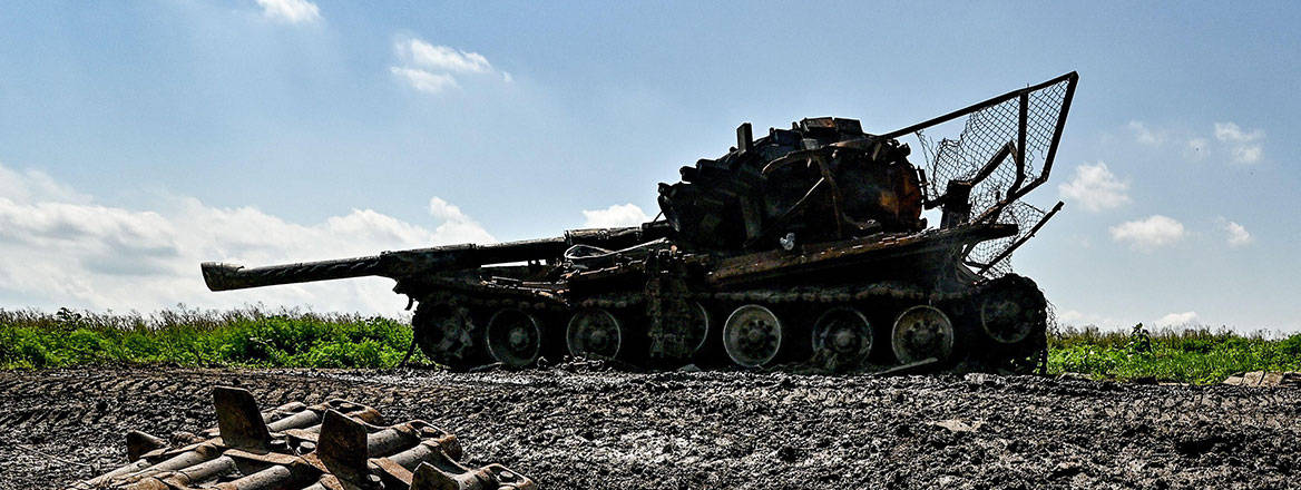 A destroyed Russian military vehicle is pictured in Novodarivka village, Ukraine.