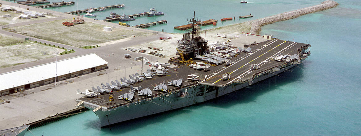 Strategic location: an aircraft carrier moored at the military base in Diego Garcia